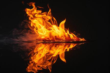 Fire flames on a black background with reflection in water, closeupの素材