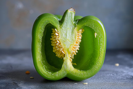 Fresh green bell pepper cut in half on a gray concrete background.の素材