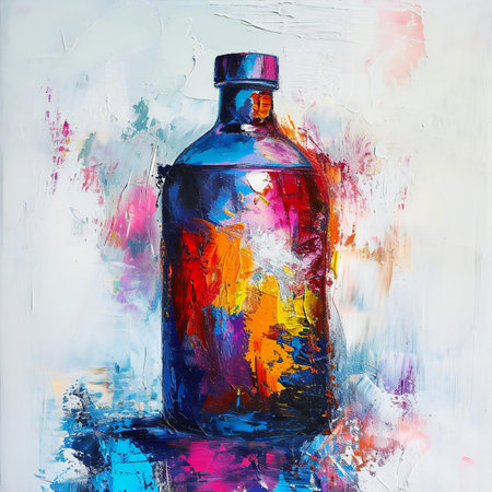 Oil painting of a bottle with a colored liquid on a white backgroundの素材