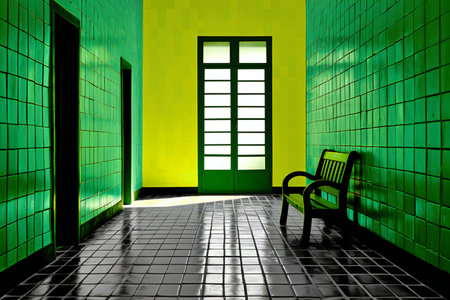 Interior of an empty room with a green door and a chairの素材