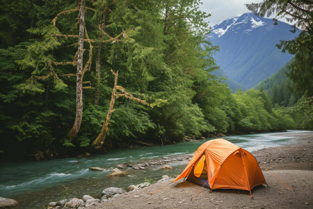 Camping on the bank of a mountain river in the Altai mountainsの素材
