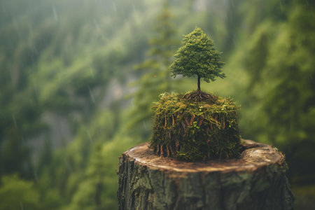 Small tree growing on a stump in the forest in rainy weather.の素材