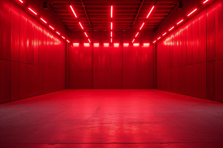 an empty room with red lights on the wallの素材