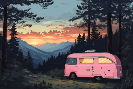 Illustration of a camper van in the forest at sunset.の素材