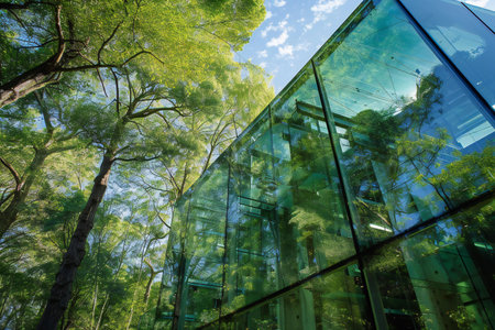 Reflection of trees in the glass of a modern office building.の素材