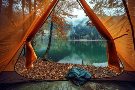 Camping tent on the lake in autumn forest. Beautiful nature backgroundの素材