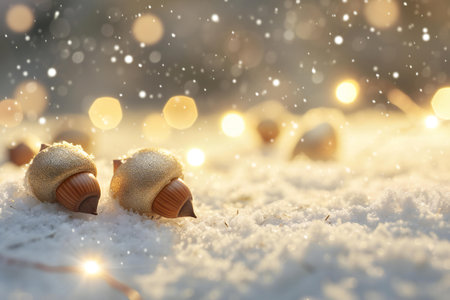 Christmas and New Year background with acorns in the snow and bokehの素材