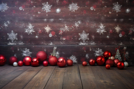 Christmas background with red balls and snowflakes on wooden planksの素材