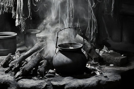 Black and white image of a cauldron with boiling water on the fire.の素材