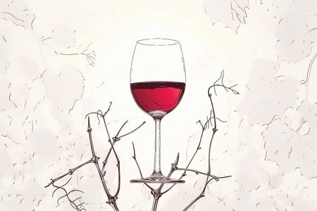 Glass of red wine with dry branch on white background. Watercolor paintingの素材