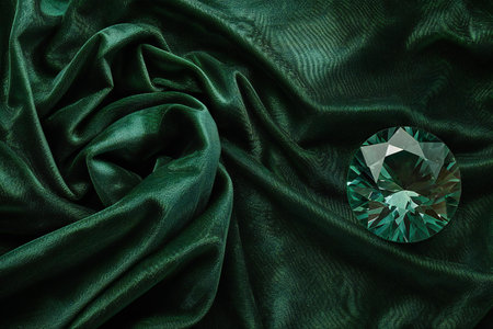 Diamond on green satin background. Top view. Flat lay.の素材