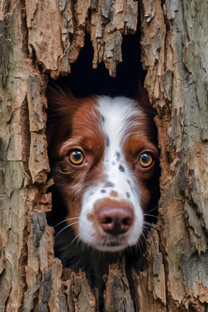 Portrait of a dog looking out of a hole in a treeの素材