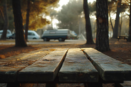 Wooden table in the park at sunset. Selective focus.の素材