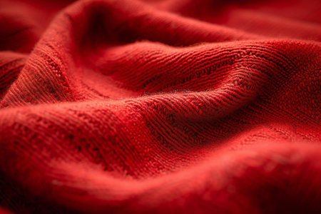 Close up of red fabric texture background. Macro image of textile material.の素材