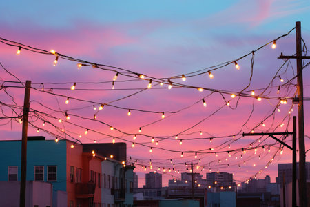 Colorful light bulb garland on the roof of building in twilight timeの素材