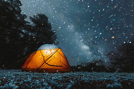 Camping in the forest at night under the starry sky.の素材