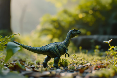 Dinosaur toy in the garden with sun light. Selective focus.の素材