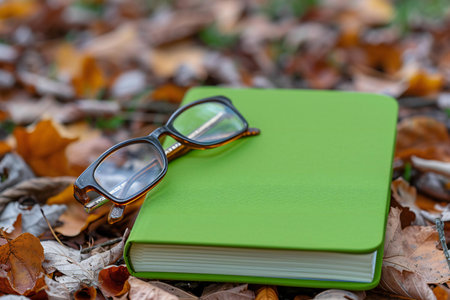 Green book and eyeglasses lying on the ground in autumn leavesの素材