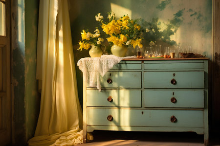 Vase with yellow flowers on the chest of drawers in the roomの素材
