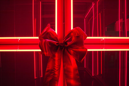 Gift box with a red bow on the background of red neon lightsの素材