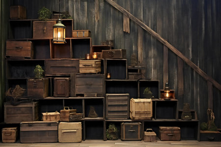 Vintage wooden boxes and lamps in the interior of an old houseの素材