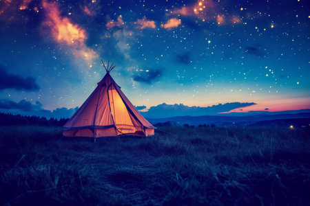 Tent in the meadow at night with starry sky.の素材