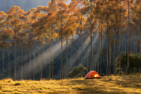 Camping in the morning mist with orange tent in the forest.の素材