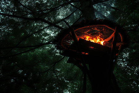 Fireplace in the forest at night. Fireplace in the forest.の素材