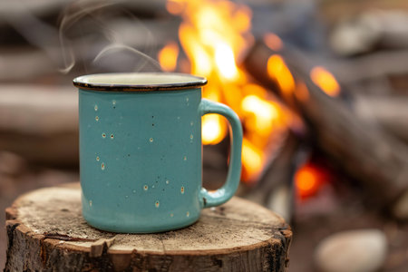 Blue cup of hot coffee on a wooden stump on a fire backgroundの素材