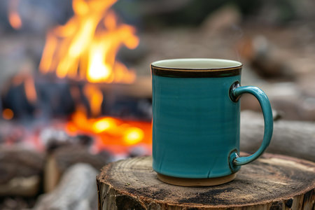 Coffee mug on a log by the fire in the forestの素材