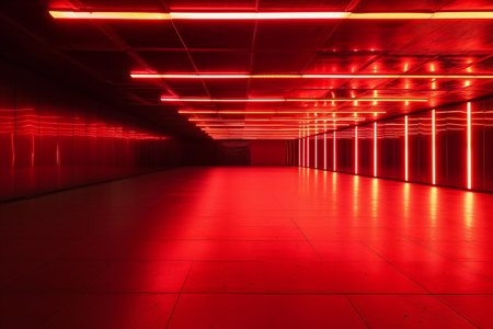 Abstract background of the interior of the building illuminated by red light.の素材