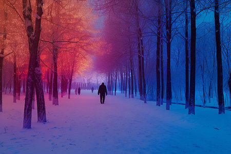 Man walking in the winter park at night with snow covered trees.の素材