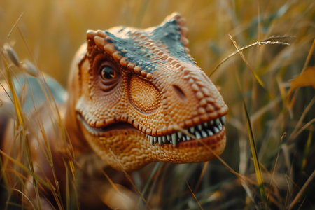 Dinosaur model in the grass. Selective focus. Nature.の素材