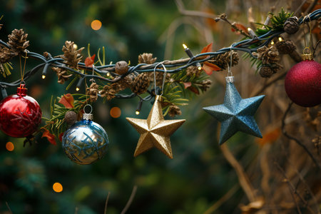 Christmas decoration on a tree in the garden. Christmas and New Year backgroundの素材