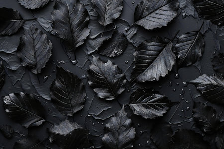 Black leaves on black background. Flat lay, top view, copy spaceの素材