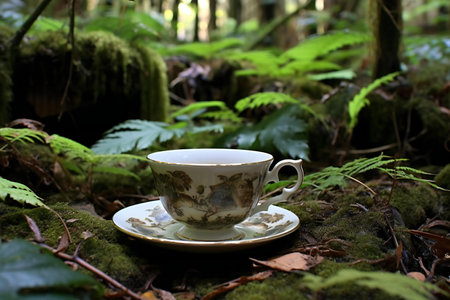 Cup of coffee in the forest with moss and fernsの素材