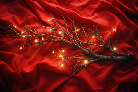 Christmas lights on red fabric background. Christmas and New Year concept.の素材