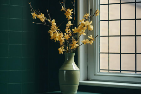 Bouquet of yellow flowers in vase on window sill indoorsの素材