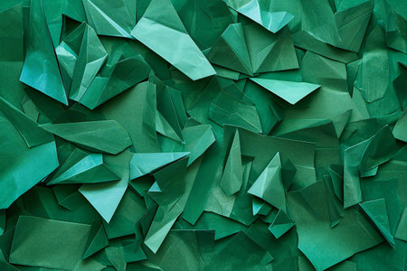 Green origami paper background. Texture of crumpled paper.の素材