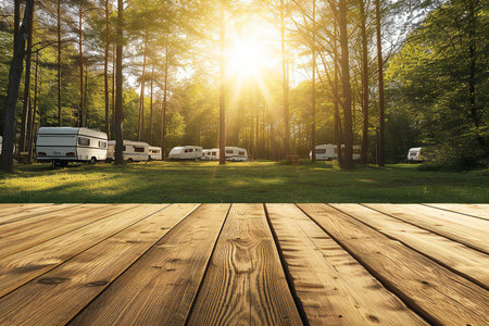 Camping in motorhome on nature. Wood terrace with sunbeams.の素材