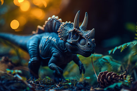 Triceratops dinosaur model in the forest, close upの素材