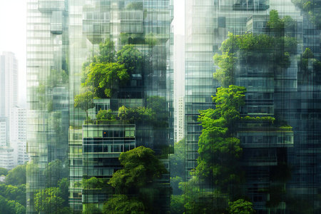 Green tree in modern city with double exposure effect, business concept.の素材