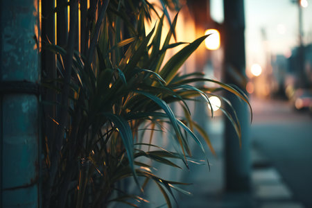 Beautiful green plant in the city at sunset. Natural background.の素材