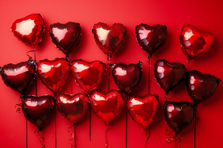 Red heart shaped balloons on red background. Valentines day concept.の素材