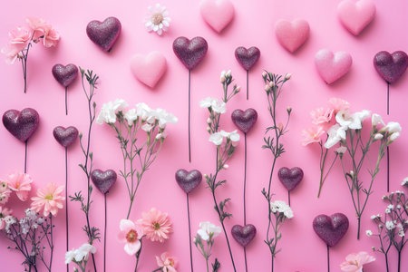 Valentine's day background with hearts and flowers on pink backgroundの素材