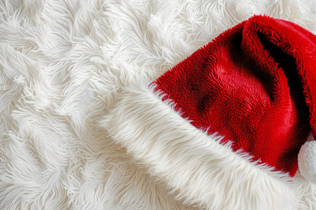 Santa Claus red hat on white fur background. Christmas and New Year concept.の素材