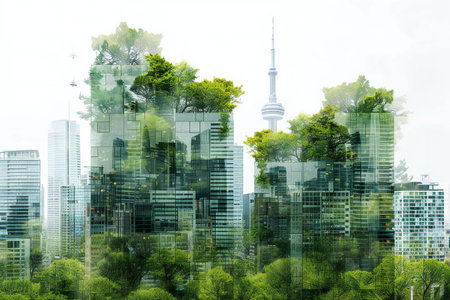 Double exposure of modern cityscape with skyscrapers and green treesの素材