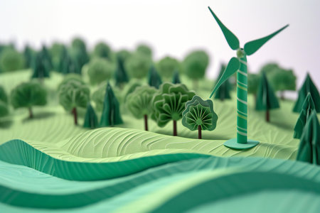 Wind turbines and windmills in the green field.の素材