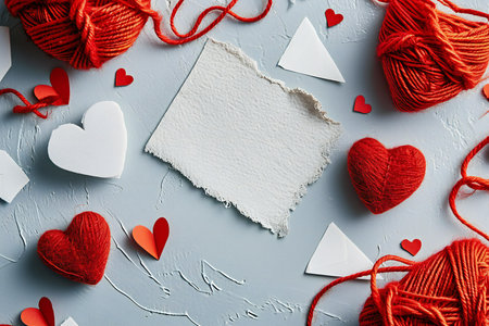 Valentine's Day background with red hearts, white paper and red threadの素材