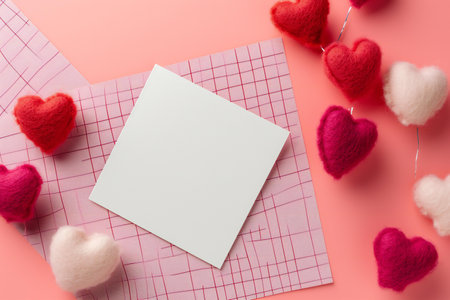 Valentines day greeting card mockup with red hearts on pink backgroundの素材